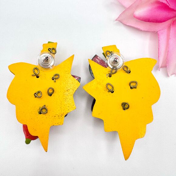 Vintage Huge Fruit Salad Earrings Hand Painted Wood Kitschy Funny Gaudy Wacky - Picture 7 of 12
